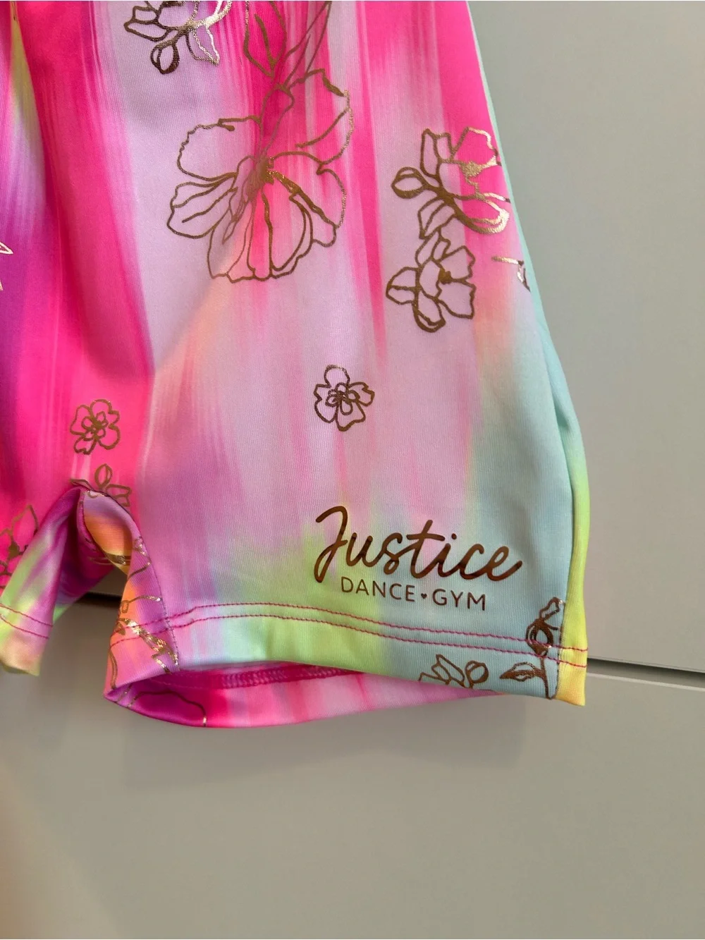 Justice Pink Multi Rainbow Floral Dance Leotard with Matching Scrunchie - XS
